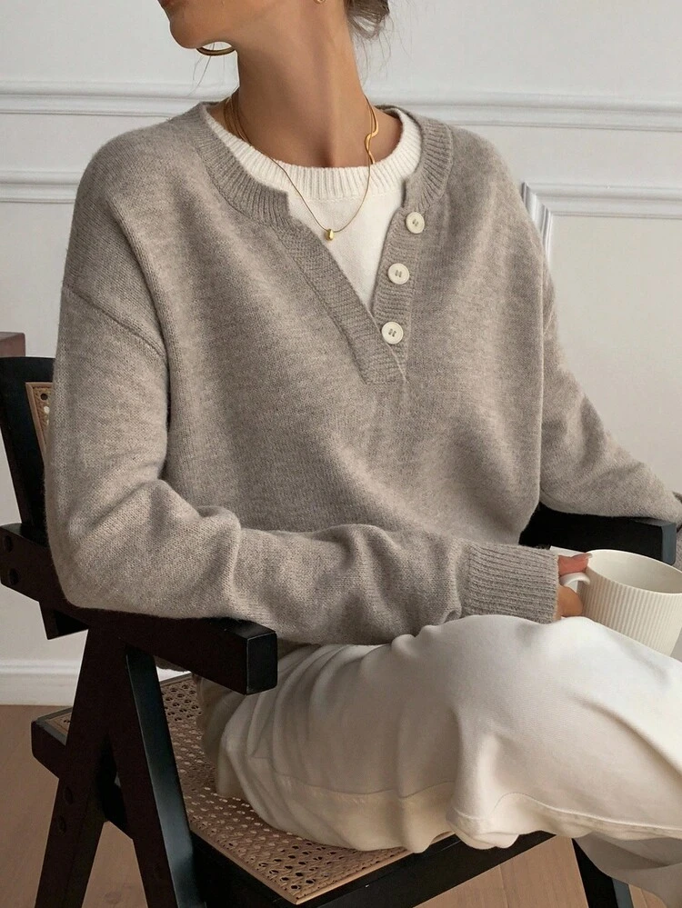 Casual Color Block Henley Neck Pullover, Soft Knit 2 In 1 Sweater For Women Fall