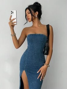 Aloruh 女式休闲牛仔紧身连衣裙，高开叉，弹力针织牛仔布，蓝色 - 藍色 - 查看 7