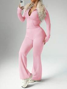 Easithlete Ensemble 2 pièces femme grande taille, veste zippée décontractée avec trou pour le pouce et pantalon évasé taille haute, ensemble rose. Ensemble rose 2 pièces femme, costume rose femme, ensemble rose 2 pièces femme, tenue rose 2 pièces femme, pantalon rose femme, ensemble rose femme, survêtement rose, ensemble 2 pièces rose, Top manches longues rose et ensemble pantalon