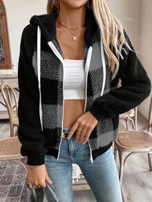 EMERY ROSE Women's Hooded Buffalo Plaid Fleece Zip-Up Jacket,Black Autumn Streetwear School Back-To-School Casual Plaid Sherpa Teddy Bear Hoodie Jacket - Grey - View 3