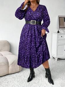 SHEIN Clasi 大码女式秋冬时尚休闲 V 领碎花长款束腰连衣裙，修身廓形长款女装 - 紫色 - 查看 8
