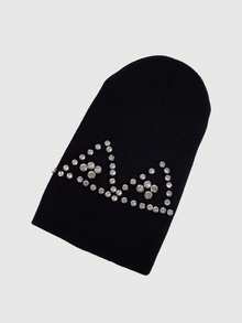 ROMWE Goth 1pc Street Style Rhinestone Knit Beanie Hat, Warm Knitted Hat For Autumn/Winter Daily Wear, Fashionable Hat For Women - Black - View 1