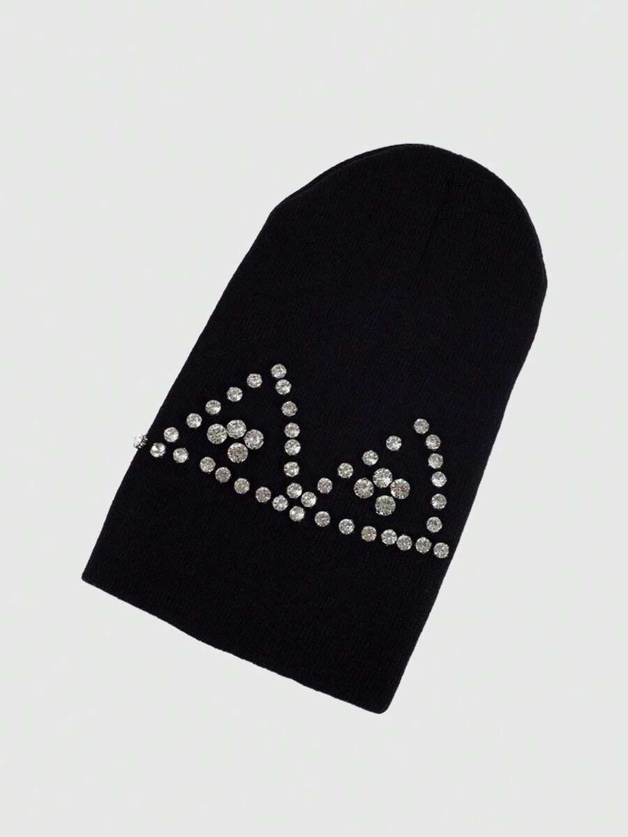 ROMWE Goth 1pc Street Style Rhinestone Knit Beanie Hat, Warm Knitted Hat For Autumn/Winter Daily Wear, Fashionable Hat For Women - Black - View 1