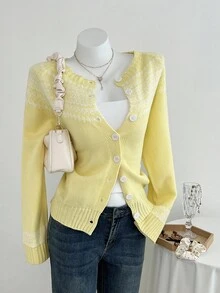 Flirla Women's Cute Outdoor Yellow Graphic Crew Neck Long Sleeve Knit Cardigan, Suitable For Vacation Yellow Cardigan Cottagecore Cardigan. Fall Essentials. - Yellow - View 1