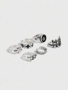 ROMWE Goth 6 件可调节朋克星形戒指，情侣戒指，节日礼物 - 復古銀色 - 查看 3