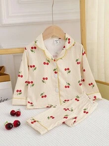 Girls Bubble Chiffon Yellow Striped Cherry Blossom Open Front Long Sleeve Top + Loose Yellow Striped Cherry Blossom Bubble Chiffon Pants, Comfortable Fall Winter