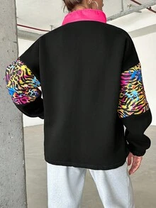 EURMUSE Zebra Striped & Leopard Print Colorblock Half Zip Drawstring Hem Drop Shoulder Jacket - Multicolor - View 2