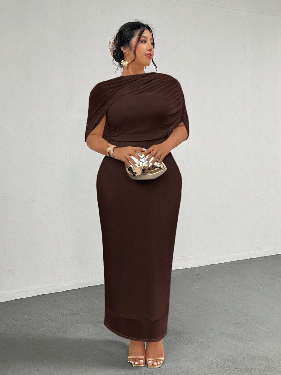 Firerie Plus Size Elegant Romantic Ruffle Asymmetric Waist Fitted Dress, Comfortable Casual New Style For Spring/Summer - Brown - View 1