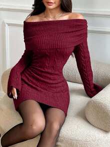 EURMUSE Women's Autumn Twist Cable Pattern Off Shoulder Long Sleeve Fitted Knit Dress,Winter Dresses - Burgundy - View 6