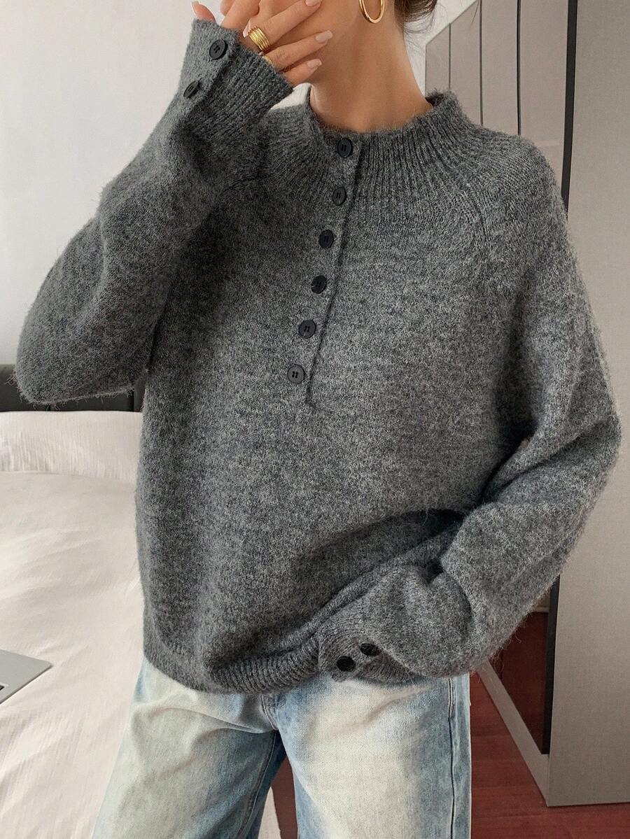 DAZY 柔软舒适的女士高领灰色毛衣，复古风格冬秋打底衫 - 灰色 - 查看 1