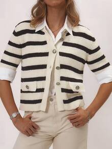 Women's Contrast Stripe Knit Cardigan - Apricot - View 1