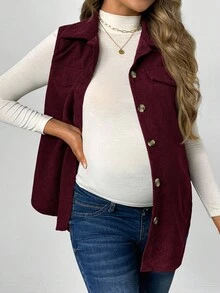 SHEIN Maternity Loose Corduroy Faux Pocket Vest Jacket, Autumn Winter - Burgundy - View 5