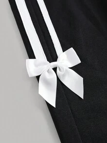 SHEIN Girlism 2件套少女休闲宽松针织圆领蝴蝶结印花褶皱套头卫衣和短裤套装，适合日常穿着、返校、度假、家庭户外活动、春季野餐 - 黑與白 - 查看 5