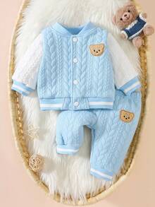 SHEIN 新生男童宝宝熊图案双麻花面料白色拼接蓝色外套两件套时尚个性帅气男女童可穿