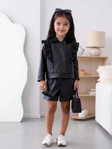 Young Girls Outerwear Co-Ords 2 Pieces Girls Black Faux Leather Jacket And Ruffle Shorts Set, Stylish Spring Summer Suit Girls Black Faux Leather Suit Set, Ruffle Lapel Jacket And Shorts For Party, School, Performance Black 2 Pieces Set Black Outfit Black Outfits For Leather Outfits Ruffle Outfit Black Outfits Black Pu Leather Outfit Girls Black Leather Outfit Set Young Girl Black Leather Shorts Set - Black - View 8