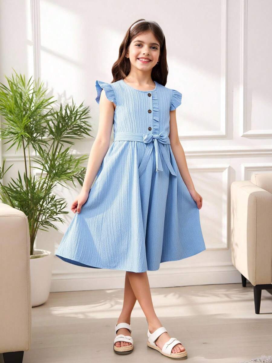 Tween Girl Ruffle Trim Button Front Belted Dress - Blue - View 1