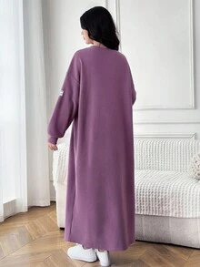 SHEIN 加厚保暖内衬卫衣连衣裙，饰有巴黎文字图案，适合青少年女孩的休闲家居服，秋冬季长袖连衣裙，紫色女式卫衣连衣裙 - 藕粉色 - 查看 2