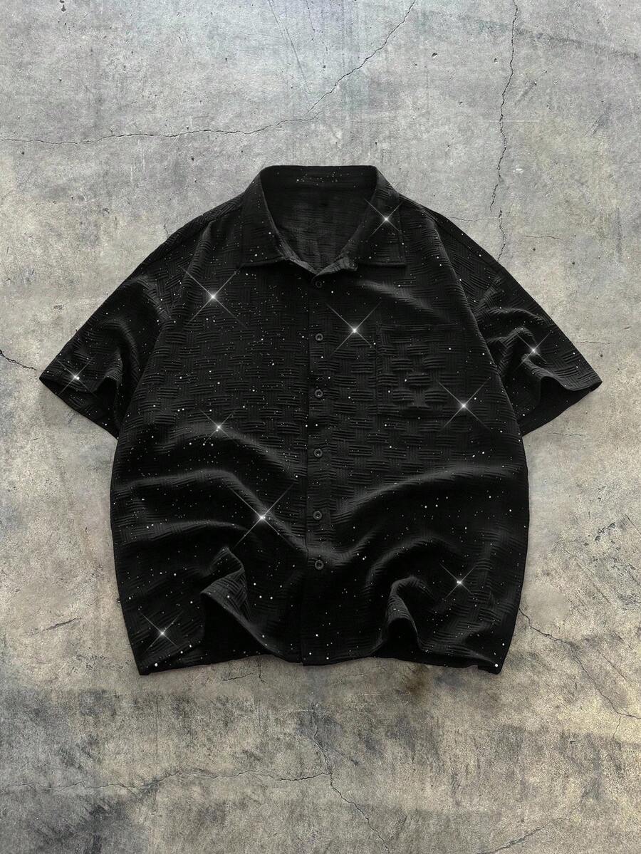 EASEVO Plus Size Men's Fashionable Shiny Short Sleeve Black Shirt, Summer - Black - View 1