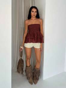 Glamine Textured Pleated Fabric Elastic Bandeau Top With Ruffle Hem Tube Top Shirred Tube Top - Redwood - View 4