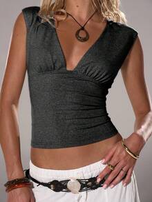 TRNVIE 女士深V领修身休闲上衣，春夏款 - 深灰色 - 查看 1