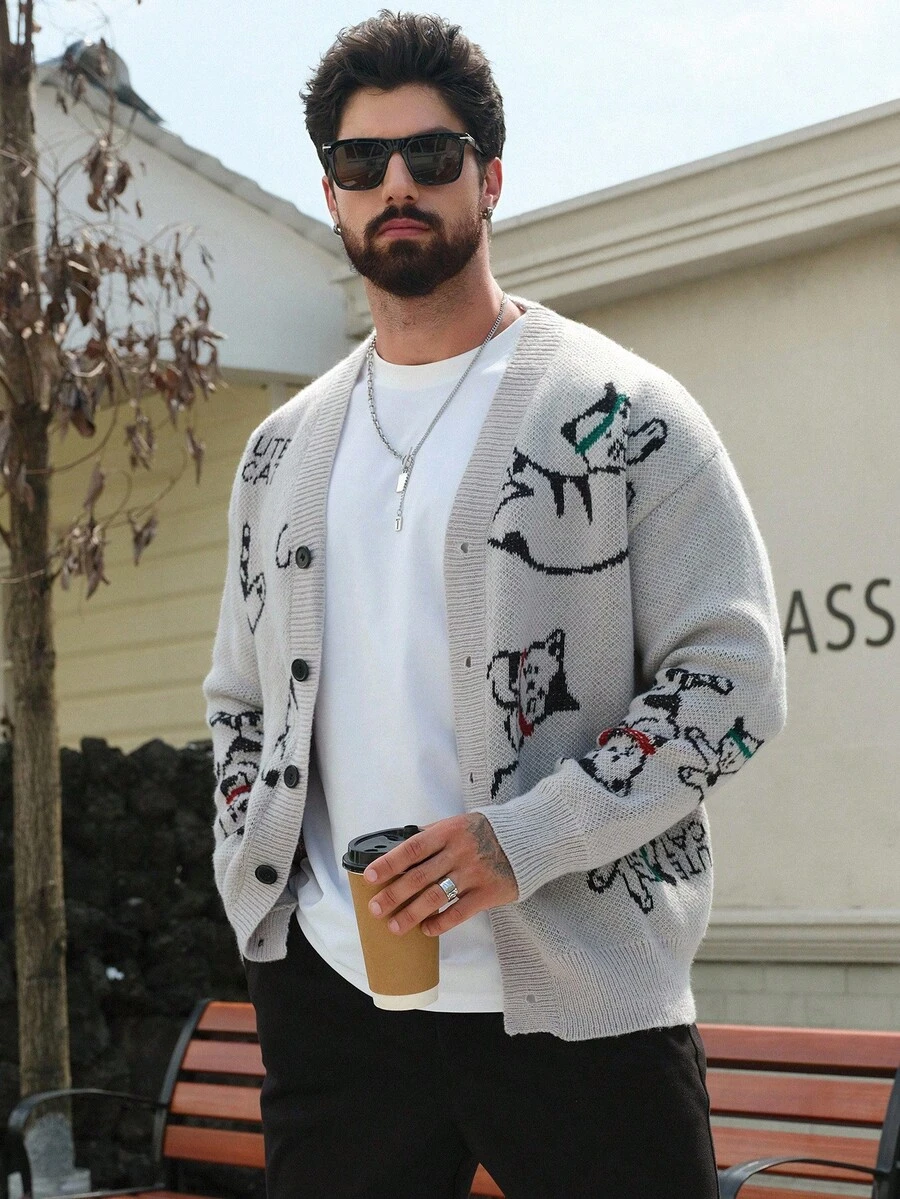 DAZY Men's Grey Cardigan Sweater With Letter & Kitten Jacquard Design, Autumn