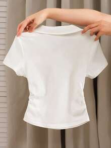 SHEIN Leap Crew Tween Girl Solid Color Casual Polo V-Neck Fitted Side Ruched Short Sleeve Cropped T-Shirt