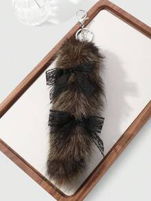 ROMWE Goth 1pc Y2K Retro Chic Cute Minimalist Sophisticated High-Quality Animal Print Series Brown Faux Fur Anime Fox Tail With Black Lace Bow, Star Decor DIY Keychain Bag Charm, Suitable For Cosplay, Daily Wear, Holiday Gift For Women