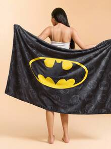 BATMAN X SHEIN 1 件黑色印花加厚法兰绒毯子，柔软温暖，防脱落，多种尺寸，适合沙发、床、午睡 - 黑色 - 查看 2