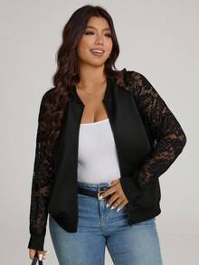 Comfylo Plus Contrast Lace Raglan Sleeve Bomber Jacket Fall Women Clothes Fall Clothes Plus Size Fall Outfits For Women  Fall Outfits Women Winter Autumn