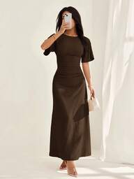 SHEIN PETITE Women's Summer Solid Color Linen Blend Casual Elegant Dress,Fall Dresses For Women,Elegant Dresses For Women