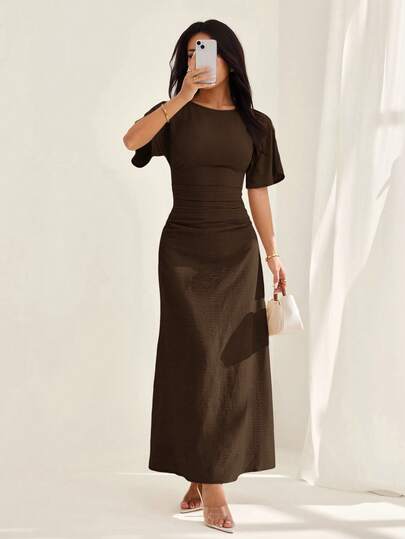 SHEIN PETITE Sommarklänning i linneblandning, enfärgad, elegant och avslappnad klänning för kvinnor,