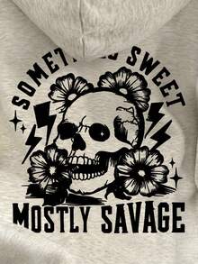 SHEIN 女士休闲宽松字母骷髅印花长袖卫衣，秋季款 - 淺灰色 - 查看 5