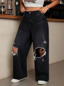 EURMUSE Plus Size Women High Waist Pockets Distressed Wide Leg Loose Casual Jeans - Dark Wash - View 6