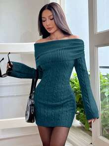 EURMUSE 女式纯色露肩合身麻花针织喇叭袖紧身毛衣连衣裙 - 墨綠色 - 查看 4