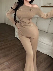 Feyla Conjunto de 2 piezas de top de manga larga con decoración floral 3D asimétrica y pantalones de unicolor para mujer - Albaricoque - Ver 4