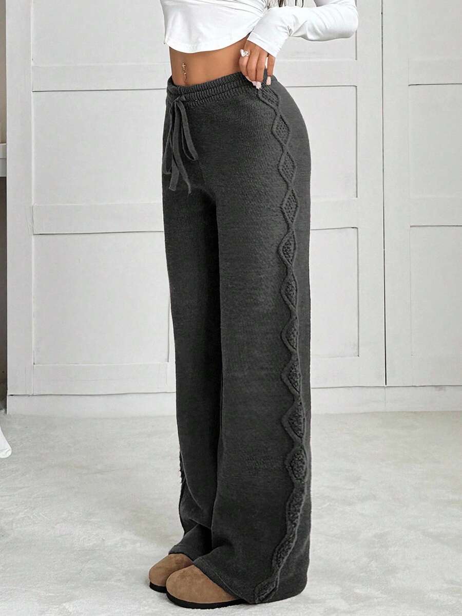 EURMUSE Women's Solid Color Casual Lace-Up Chunky Knit Sweater And Wide Leg Pants Set - Dark Grey - View 1