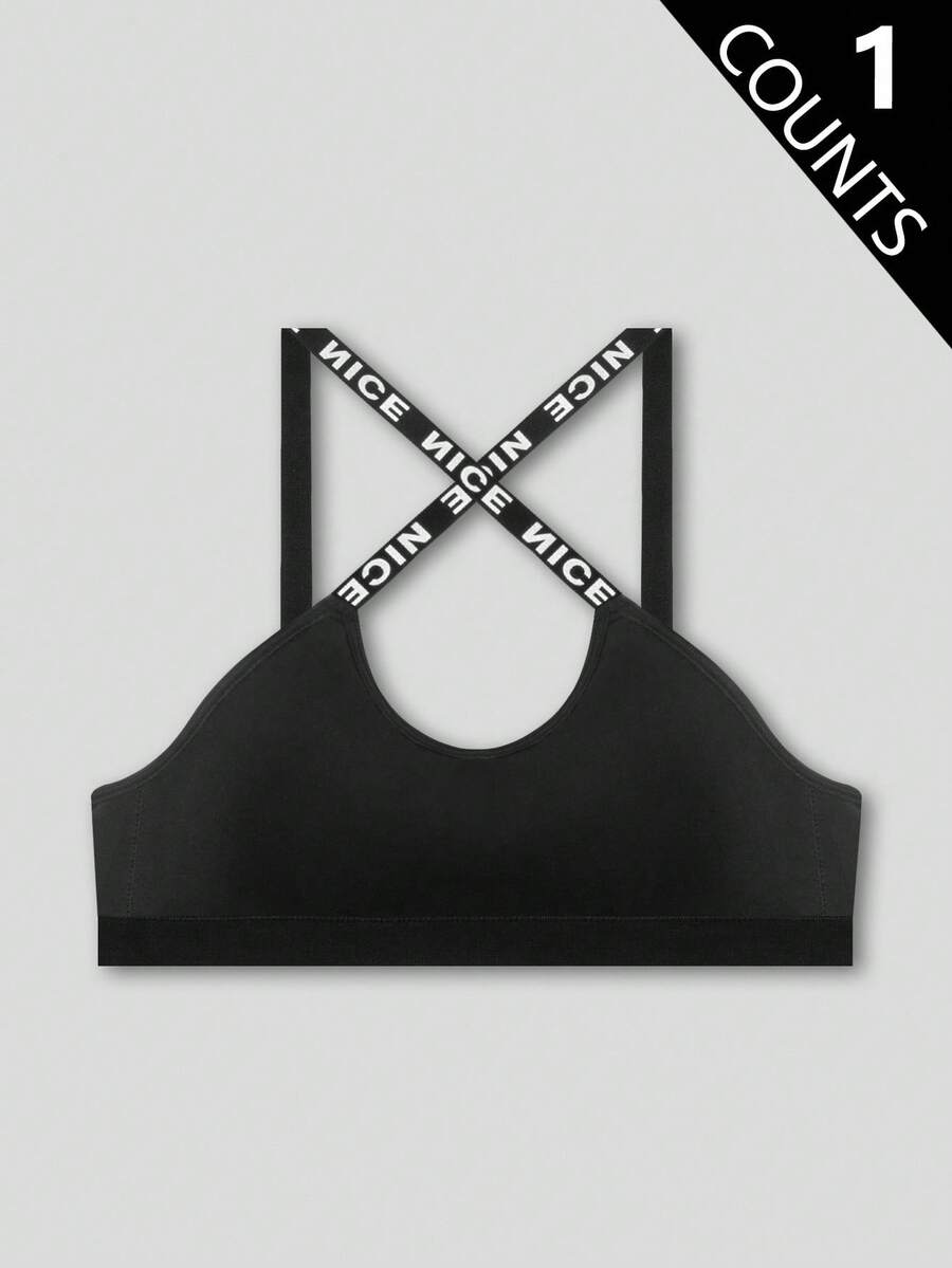 Plus Size Women Casual Letter Jacquard Wireless Bra - Black - View 1