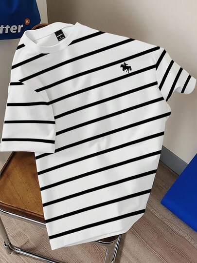 Claim Dot Unisex Classic Black & White Striped Horse Print Casual T-Shirt, Fashionable Graphic Tee Black And White Striped Tee Black And White Tee