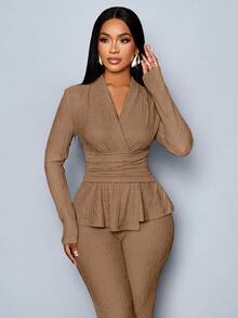 SOLERSUN Women's Apricot Color Elegant V Neck Long Sleeve T-Shirt And Wide Leg Pants Two Pieces Set,Asymmetrical Hem Two Pieces Outfits,Casual Daily Wear,Winter Clothes For Women Fall Cloth For Women - Brown - View 5