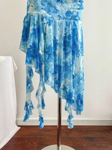 Soleia 女士浪漫粉色花卉网眼荷叶边系带连衣裙，适合节日、约会、情人节、下午茶、海滩、音乐节、波西米亚风度假 - 藍色 - 查看 4