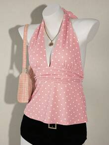Top sin espalda de halter estilo boho marrón para salir, tipo babydoll, para primavera a verano - Lunares rosas - Ver 6