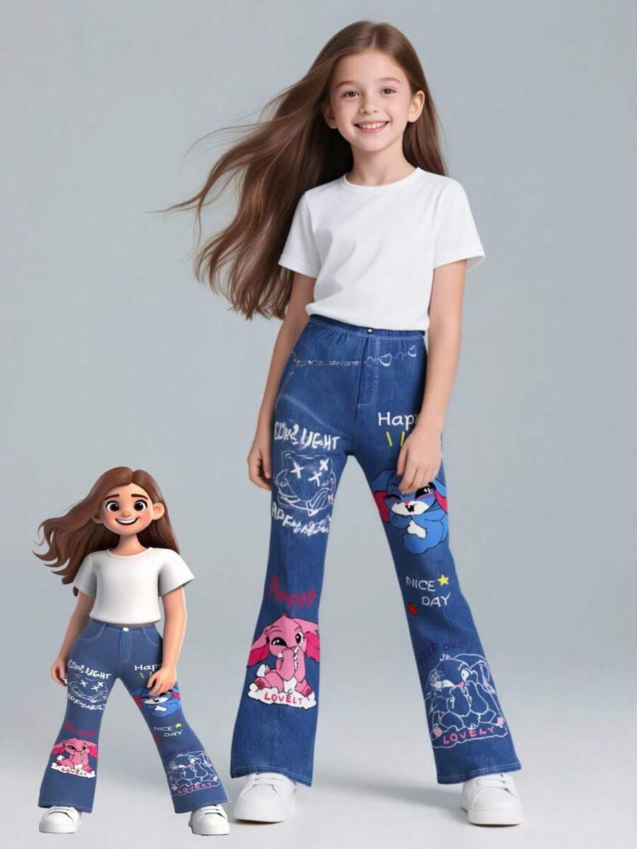 Tween Girl Cartoon & Letter Graphic Flare Leg Leggings Fall Winter - Blue - View 1