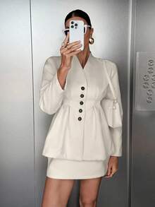 Siren Gaze Bộ đồ nữ thu đông ấm áp, thanh lịch tối giản gồm áo blazer và chân váy, màu trắng. - trắng - Xem 7
