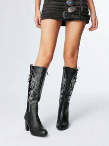 ROMWE Fairycore Bottes western noires en PU à motif brodé au-dessus du genou pour femmes - Noir - Voir 2