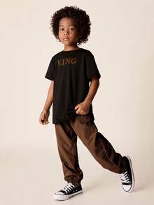 2pcs/Set Young Boys Casual Comfortable Versatile Short Sleeve T-Shirt And Drawstring Pants Set, Suitable For Spring/Summer Outdoor Wear - Brown - View 4
