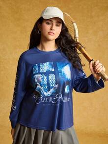 HARRY POTTER X SHEIN Áo thun tay dài in chữ và phù thủy dáng rộng cỡ lớn dành cho nữ, Xuân/Thu - Nhiều màu - Xem 7