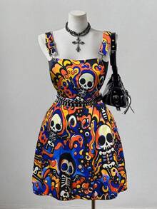 Sunspun Plus Size Colorful Skull Crossover Dress - Blue - View 7
