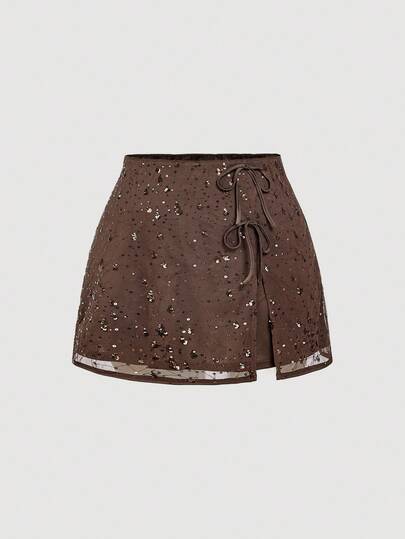 SHEIN MOD Minifalda marrón con lazo y cintura con lentejuelas para mujer de talla grande, para uso en Navidad, vestimenta occidental, vacaciones, playa, estilo bohemio, western, cumpleaños, concierto de música country, rave, estilo old money, fairycore, bohemio