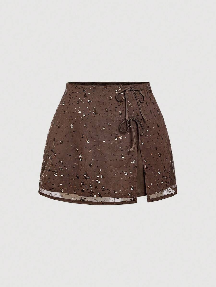SHEIN MOD Christmas Plus Size Women's Brown Sequins Bow Tie Waist Mini Skirt,Western Wear,Vacation,Beach,Boho,Western,Birthday,Country Concert,Rave,Old Money Style,Fairycore,Bohemian