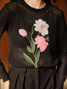 Anewsta Elegant French Style Floral Embroidery Hollow Out Crew Neck Sweater, Autumn/Winter